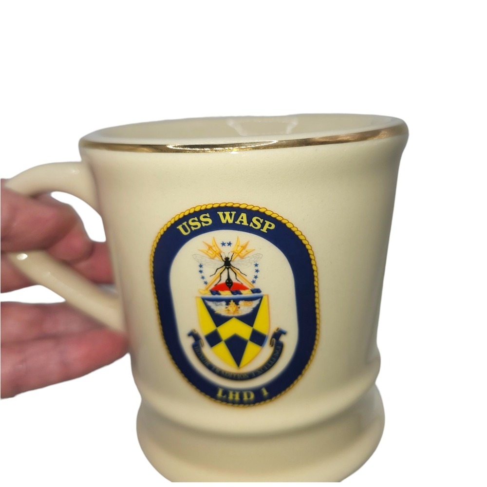 USS Wasp LHD 1 Navy Ship Coffee Mug Gold Rim Ceramic USA Made Commemorative